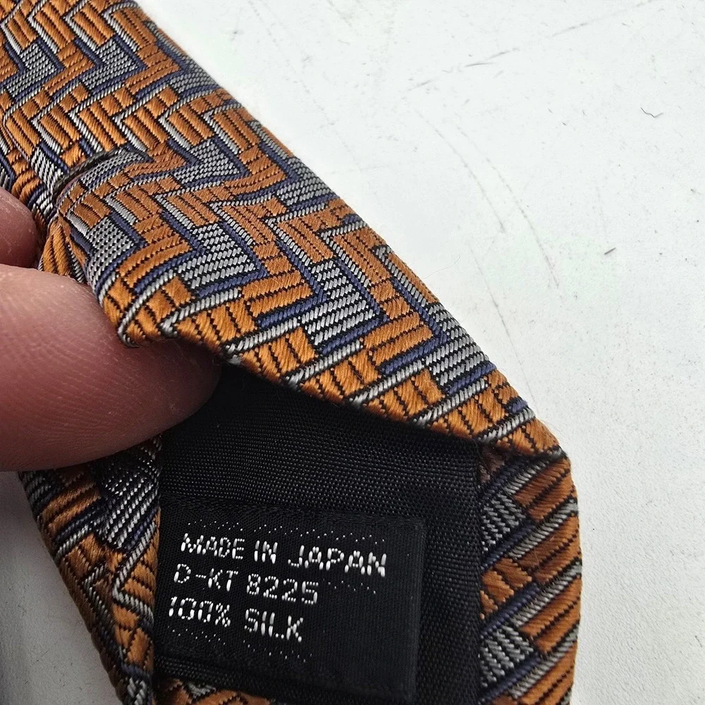 Mens J Hane Barnes Orange Gray‎ Geometric 100% Silk Tie Made in Japan